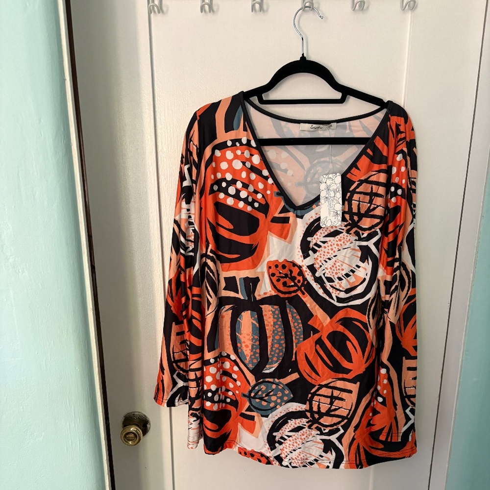Women’s Orange & Black Abstract Print Tunic Top – Size 2XL, NWT